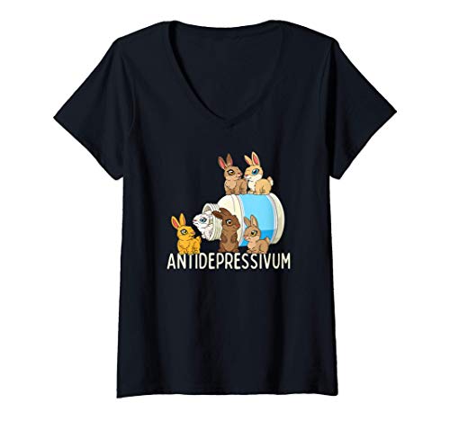 Damen Süßes Kaninchen Antidepressivum Lustiges Häschen T-Shirt mit V-Ausschnitt von Süße Kaninchen Kleidung