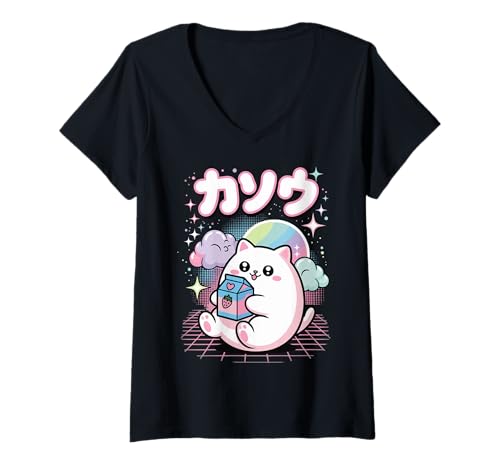 Damen Katze Erdbeermilch Kawaii T-Shirt mit V-Ausschnitt von Süße Katze Anime Erdbeermilch Japanisch Japan