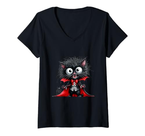 Damen Süße Katze Kätzchen Halloween schwarz Vampir Cartoon T-Shirt mit V-Ausschnitt von Süße Katze Kätzchen Halloween schwarz Vampir
