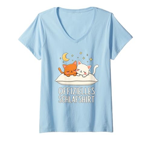 Damen Offizielles Schlafshirt Katze Katzen T-Shirt mit V-Ausschnitt von Süße Katze Schlafshirt Damen Herren Geschenke