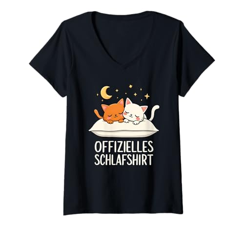 Damen Offizielles Schlafshirt Katze Katzen T-Shirt mit V-Ausschnitt von Süße Katze Schlafshirt Damen Herren Geschenke