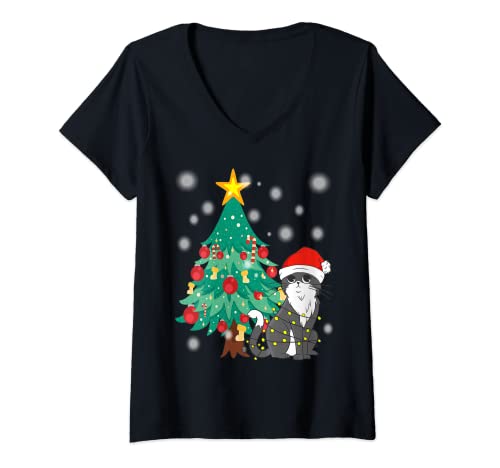 Damen Süße Katze Xmas Kätzchen Weihnachtsoutfit Christbaum T-Shirt mit V-Ausschnitt von Süße Katze Xmas Kätzchen Weihnachtsoutfit