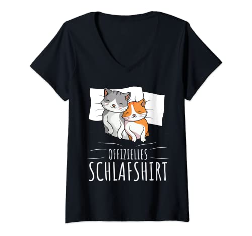 Damen Offizielles Schlafshirt Katze Kater T-Shirt mit V-Ausschnitt von Süße Katzen & Haustier Geschenkideen