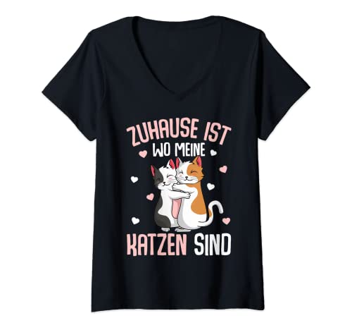 Damen Zuhause ist wo meine Katzen sind Katze Mädchen Damen T-Shirt mit V-Ausschnitt von Süße Katzen & Haustier Geschenkideen