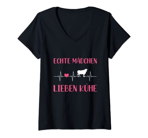 Damen Echte Mädchen Lieben Kühe Landwirt Kuh T-Shirt mit V-Ausschnitt von Süße Kuh Kleidung Für Mädchen
