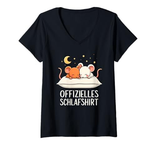 Damen Offizielles Schlafshirt Maus Mäuse T-Shirt mit V-Ausschnitt von Süße Maus Schlafshirt Damen Herren Geschenke