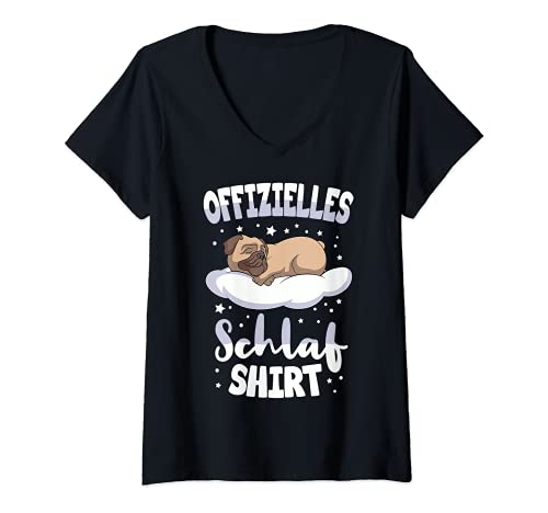 Damen Offizielles Schlafshirt Mops Hund Schlafanzug T-Shirt mit V-Ausschnitt von Süße Mops Hund Geschenke