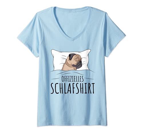 Damen Offizielles Schlafshirt Schlafanzug Mops Hund Geschenkidee T-Shirt mit V-Ausschnitt von Süße Mops Hund Geschenke