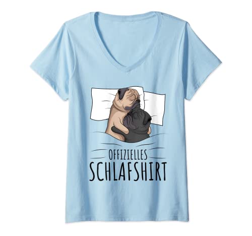 Damen Offizielles Schlafshirt Schlafanzug Mops Hund T-Shirt mit V-Ausschnitt von Süße Mops Hund Geschenke