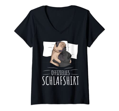 Damen Offizielles Schlafshirt Schlafanzug Mops Hund T-Shirt mit V-Ausschnitt von Süße Mops Hund Geschenke