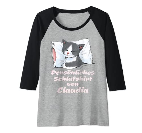 Damen Persönliches Schlafshirt Schlafen Katze Kätzchen Claudia Raglan von Süße Müde Claudia , Katzen Geschenke
