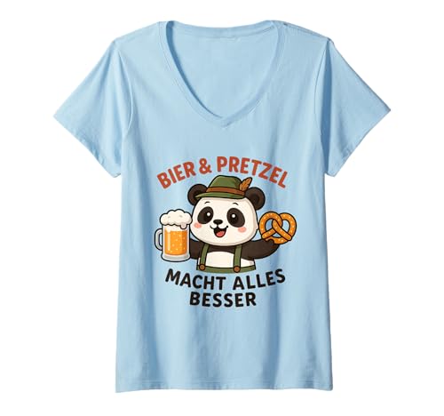 Damen Lustiges Panda Bier Brezel Oktoberfest Geschenke T-Shirt mit V-Ausschnitt von Süße Panda Oktoberfest Bier Brezel
