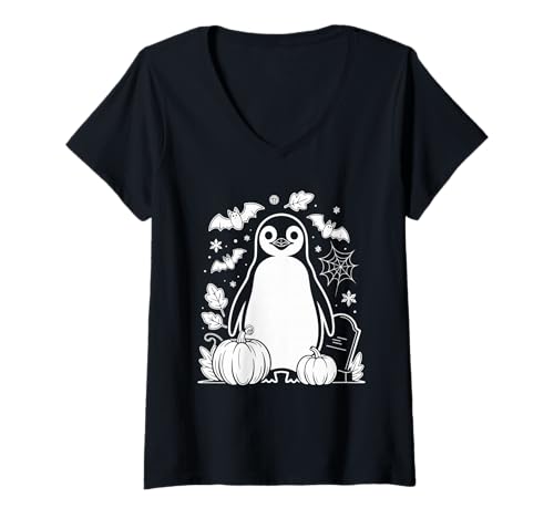 Damen Pinguin Kürbis Halloween Niedlich T-Shirt mit V-Ausschnitt von Süße Pinguin Halloween Motive