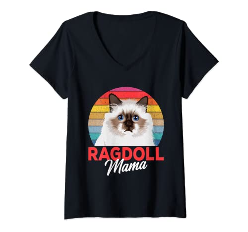 Damen Ragdoll Mama Katze Liebhaberin Besitzerin T-Shirt mit V-Ausschnitt von Süße Ragdoll Katzen Design Geschenke