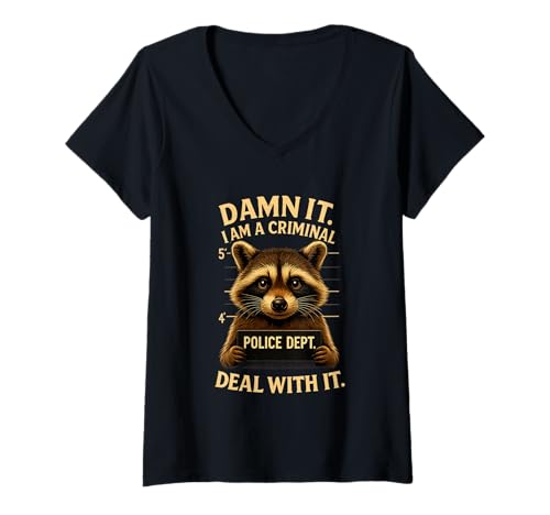Damen Lustiger Süßer Waschbär Fahndungsfoto Polizei Geschenk T-Shirt mit V-Ausschnitt von Süße Retro Raccoon Tier Tierliebhaber Sprüche Fun