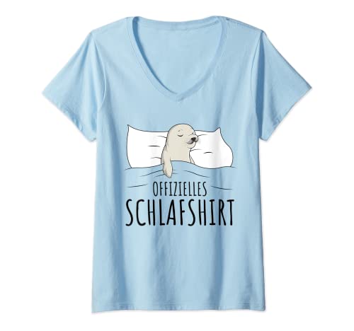 Damen Offizielles Schlafshirt Robbe Schlafanzug Robben T-Shirt mit V-Ausschnitt von Süße Robbe Geschenkideen