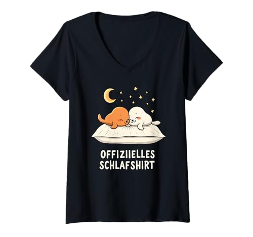 Damen Offizielles Schlafshirt Seehund Seehunde Robbe T-Shirt mit V-Ausschnitt von Süße Seehund Schlafshirt Damen Herren Geschenke