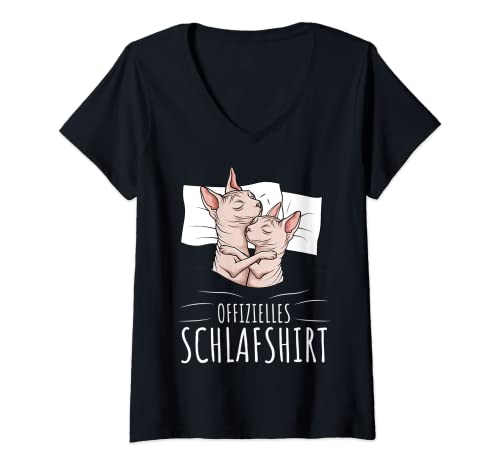 Damen Offizielles Schlafshirt Sphynx Katze Nacktkatze Sphinx T-Shirt mit V-Ausschnitt von Süße Sphynx Katzen Design Geschenke