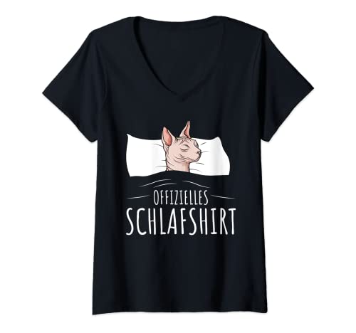 Damen Offizielles Schlafshirt Sphynx Katze Sphinx Nacktkatze T-Shirt mit V-Ausschnitt von Süße Sphynx Katzen Design Geschenke