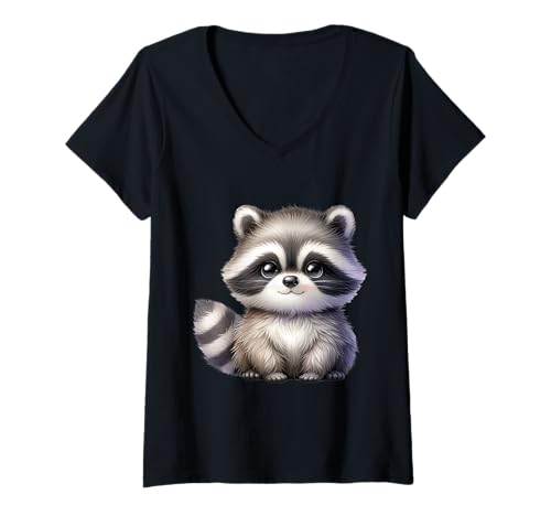 Damen Kawaii Waschbär süßes Cartoon Tier Motiv Tierfreunde T-Shirt mit V-Ausschnitt Damen Kawaii Waschbär süßes Cartoon Tier Motiv Tierfreunde T-Shirt mit V-Ausschnitt von Süße Tiere Waschbär Motiv Kids