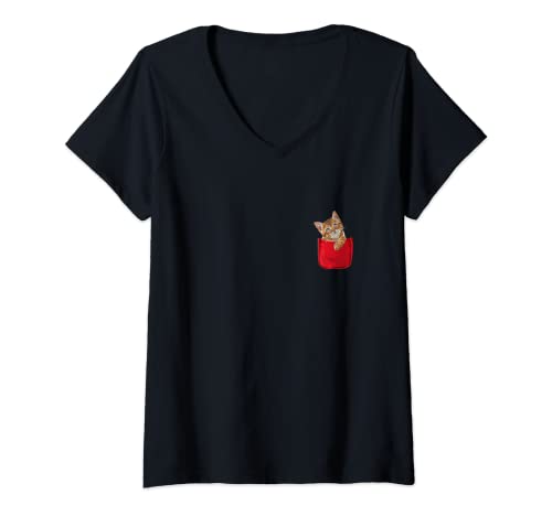 Damen Katze in der Brusttasche T-Shirt Lustiges Katzen T-Shirt mit V-Ausschnitt Damen Katze in der Brusttasche T-Shirt Lustiges Katzen T-Shirt mit V-Ausschnitt von Süße Tiere in Taschen - Pocket Animals