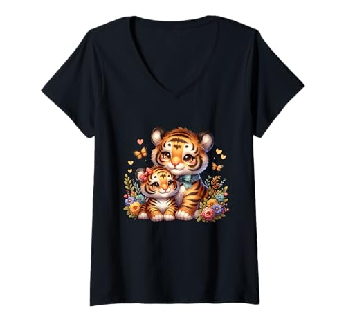 Damen Mama Tiger Baby Tiger Blumen Schmetterlinge T-Shirt mit V-Ausschnitt von Süße Tiger Blumen Schmetterlinge Kinder