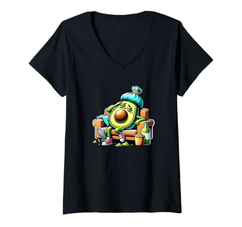 Damen Kater Avocado Chillend Auf Der Couch T-Shirt mit V-Ausschnitt von Süße lustige Avocado Frucht Guacamole Essen Design