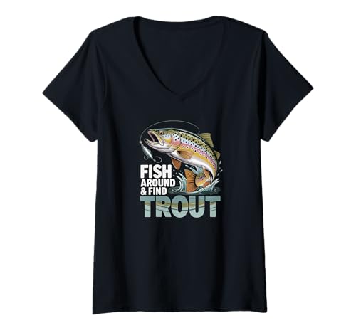 Damen Fisch herum Finden Sie Forellen Lustiges Fischerei Wortspiel T-Shirt mit V-Ausschnitt von Süße und freche benutzerdefinierte Gibutiquen