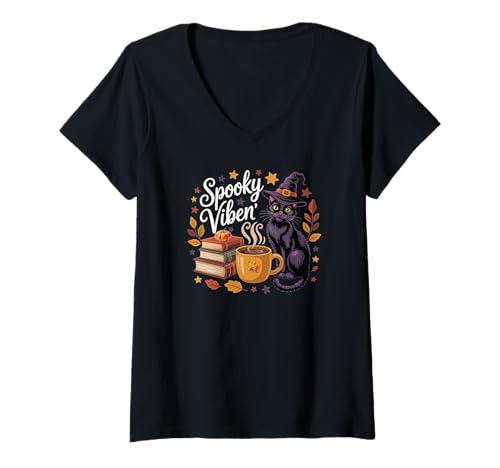 Damen Halloween -Bücher Hexenkaffee und Herbstblätter T-Shirt mit V-Ausschnitt von Süße und freche benutzerdefinierte Gibutiquen