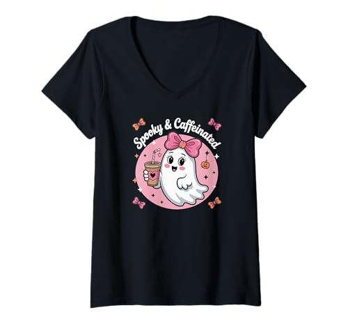 Damen Halloween gruselige koffeinhaltige Ghosts T-Shirt mit V-Ausschnitt von Süße und freche benutzerdefinierte Gibutiquen