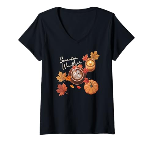 Damen Herbstsaison Kaffee Wetter süßer T-Shirt mit V-Ausschnitt von Süße und freche benutzerdefinierte Gibutiquen