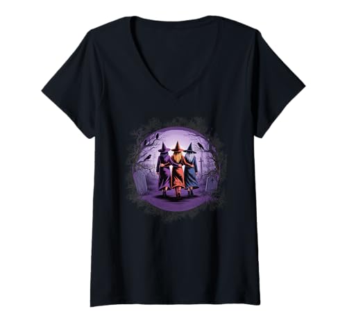 Damen Hexenurlaub gruselige Hexen Halloween T-Shirt mit V-Ausschnitt von Süße und freche benutzerdefinierte Gibutiquen