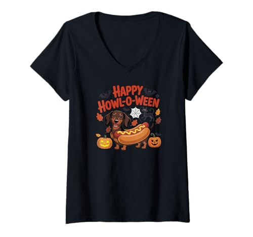 Damen Lustiger Dachshund Halloween T-Shirt mit V-Ausschnitt von Süße und freche benutzerdefinierte Gibutiquen