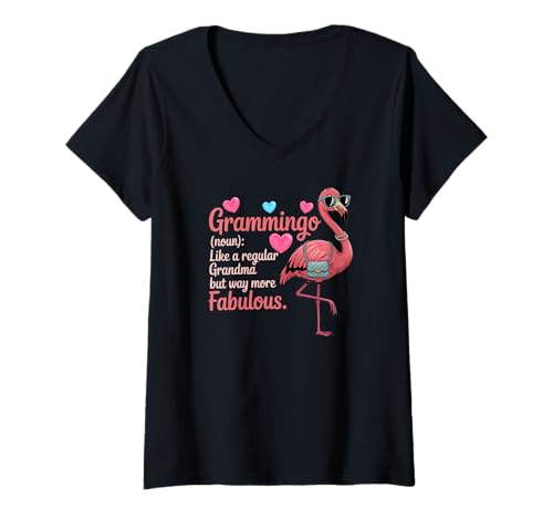 Damen Lustiger Grammingo süßes stilvolles Flamingos T-Shirt mit V-Ausschnitt von Süße und freche benutzerdefinierte Gibutiquen