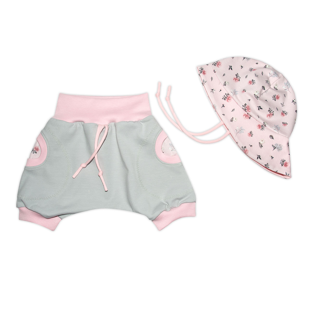 2Tlg. Sommeroutfit Mit Blumen Shorts/Kurze Pumphose + Sonnenhut /Sommermütze "Zarte Rosen" Geschenk Babyparty - Einzeln Oder Im Set von SuesseZwerge