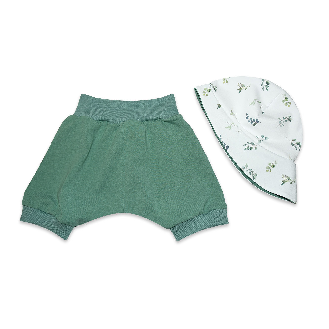 2Tlg. Sommerset Shorts/Kurze Pumphose + Sonnenhut /Sommermütze "Eukalyptus" - Einzeln Oder Im Set von SuesseZwerge