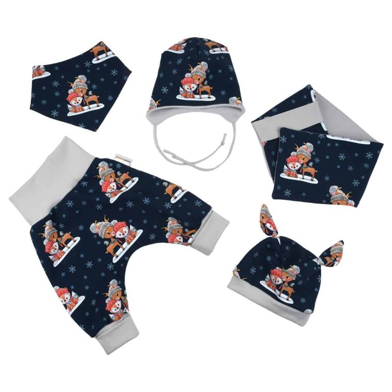 Baby Jungen Mädchen 5-Tlg Set Gr. 56 Pumphose + Beanie Mit Ohrenschutz Schal Halstuch Knotenmütze Geschenk Geburt Rehkitz Fuchs von SuesseZwerge