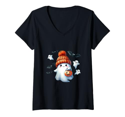 Damen Süßer Geist Herbst Mütze Cartoon Halloween Gruselige Geister T-Shirt mit V-Ausschnitt Damen Süßer Geist Herbst Mütze Cartoon Halloween Gruselige Geister T-Shirt mit V-Ausschnitt von Süßer Geist Herbst Mütze Cartoon Halloween