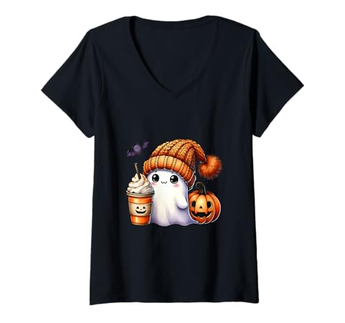 Damen Süßer Geist Kaffee Mütze Cartoon Halloween Gruselige Geister T-Shirt mit V-Ausschnitt Damen Süßer Geist Kaffee Mütze Cartoon Halloween Gruselige Geister T-Shirt mit V-Ausschnitt von Süßer Geist Kaffee Mütze Cartoon Halloween