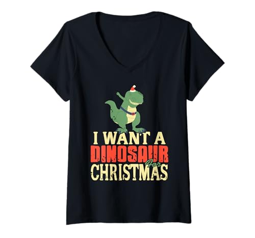 Damen Ich Will zu Weihnachten einen Dino haben Lustig T-Shirt mit V-Ausschnitt von Süßer Grüner Dino Weihnachtswunsch für Kinder