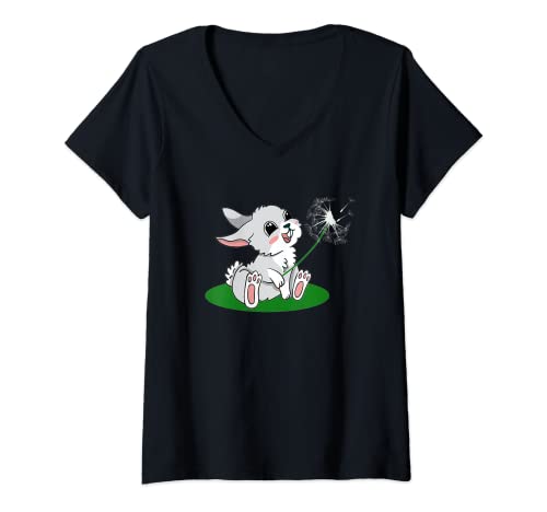 Damen Süßer Hase mit Pusteblume lustig T-Shirt mit V-Ausschnitt von Süßer Hase mit Pusteblume lustig