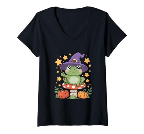 Damen Niedlicher Frosch Mit Hexenhut Auf Pilz Halloween Zauber T-Shirt mit V-Ausschnitt von Süßer Hexenfrosch Halloween Kürbis Sterne Pilz
