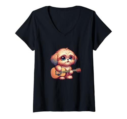 Damen Süßer Welpe Mit Akustikgitarre Hund Musik T-Shirt mit V-Ausschnitt von Süßer Hund Welpe Mit Gitarre Musik Akustik