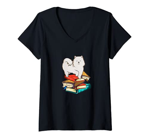 Damen Süßer Hund mit Bücher Leser witzig lustig T-Shirt mit V-Ausschnitt von Süßer Hund mit Bücher Leser witzig lustig