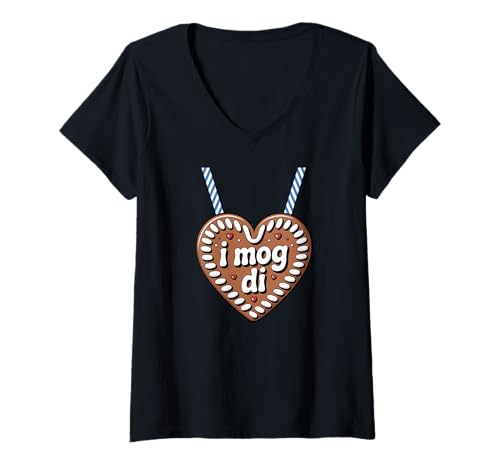 Damen I mog di Lebkuchenherz Liebe Bayern T-Shirt mit V-Ausschnitt von Süßes Bayerisches Herz Lebkuchen Liebe