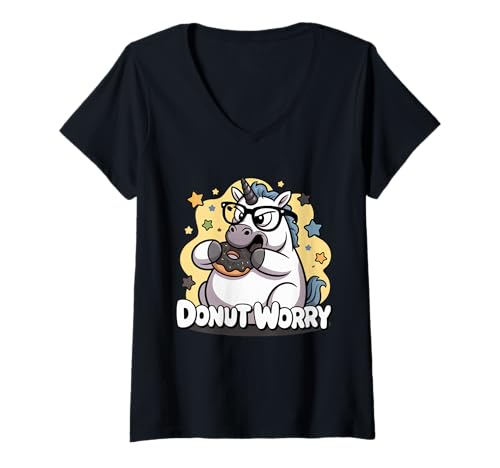 Damen Süßes Einhorn mit Donut und Brille, Do nut Worry, witzig uni T-Shirt mit V-Ausschnitt von Süßes Einhorn mit Donut und Brille, Do nut Worry