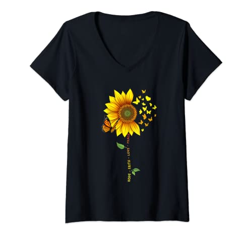 Damen Sonnenblume Schmetterlinge "Hope Faith Love Peace" Design T-Shirt mit V-Ausschnitt von Süßes Garten Natur Blumen Hoffnung Lachen Positiv