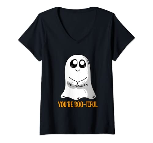 Damen Halloween Geist Ghost Kostüm mit lustigen Spruch BOO-TIFUL T-Shirt mit V-Ausschnitt von Süßes Halloween Geist Design für beste Freunde