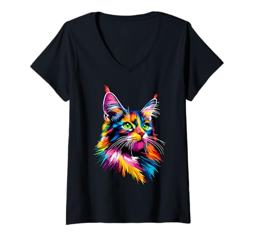 Damen Maine Coon Katze Bunte Regenbogen Farben Maine-Coon Katzen T-Shirt mit V-Ausschnitt von Süßes Katzen Motiv für Maine Coon Liebhaber