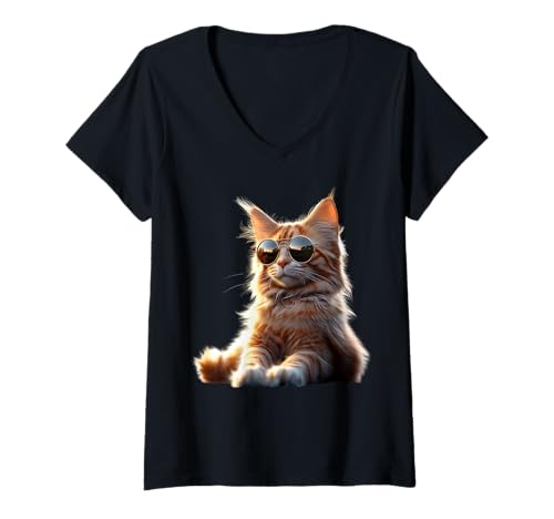 Damen Maine Coon Katze mit Sonnenbrille Süße Maine-Coon Katzen T-Shirt mit V-Ausschnitt von Süßes Katzen Motiv für Maine Coon Liebhaber